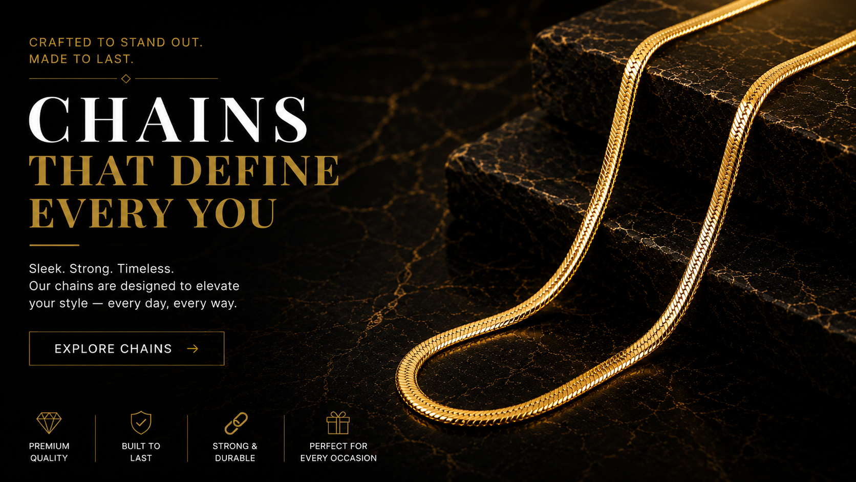 Gold chain on a dark textured background with promotional text and branding elements.
