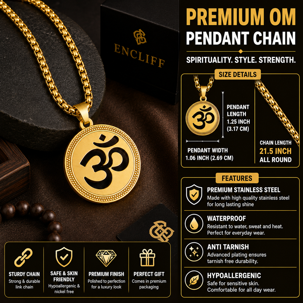 Gold Om pendant chain necklace with a round pendant featuring the Om symbol, displayed on a black background with product details, specifications, and feature icons.
