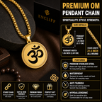 Gold Om pendant chain necklace with a round pendant featuring the Om symbol, displayed on a black background with product details, specifications, and feature icons.
