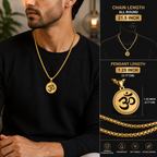 A man wearing a gold Om pendant necklace on a black background, with informational text on the right detailing the chain length as 21.5 inches and pendant length as 1.