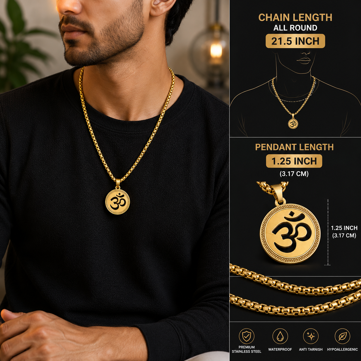 A man wearing a gold Om pendant necklace on a black background, with informational text on the right detailing the chain length as 21.5 inches and pendant length as 1.