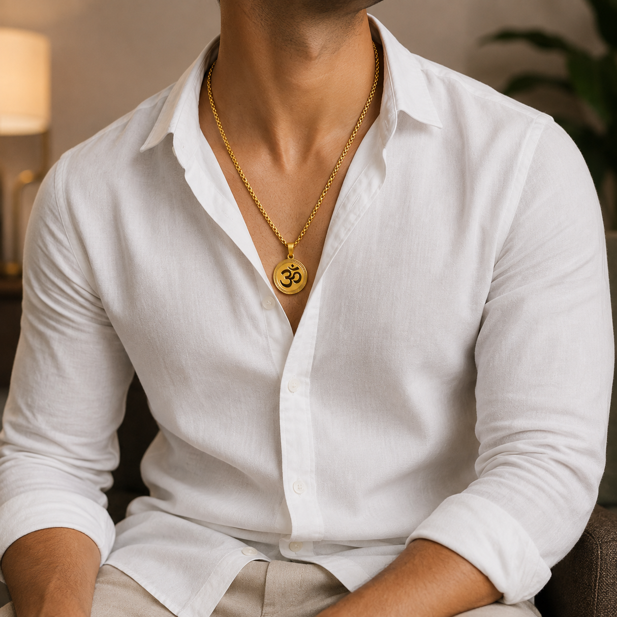 A man wearing a white linen button-up shirt and a gold chain necklace with an Om symbol pendant, shown in a warm indoor setting.