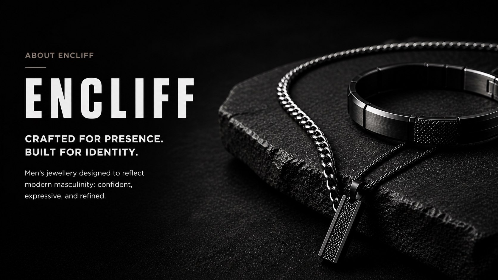Black necklace on a textured surface with Encliff branding and description.