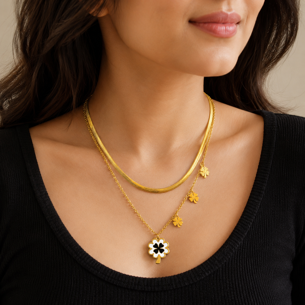 Double Layered Black & White Floral Necklace